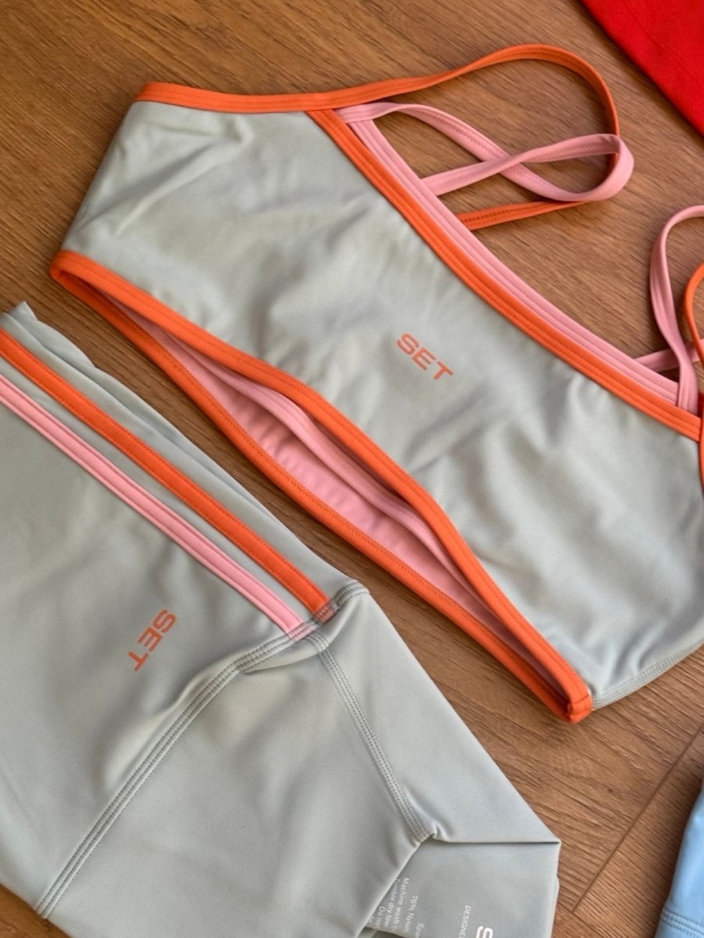 SET Active Light Gray Crop Top with Orange & Pink Trim TROPICS LIMITED EDITION